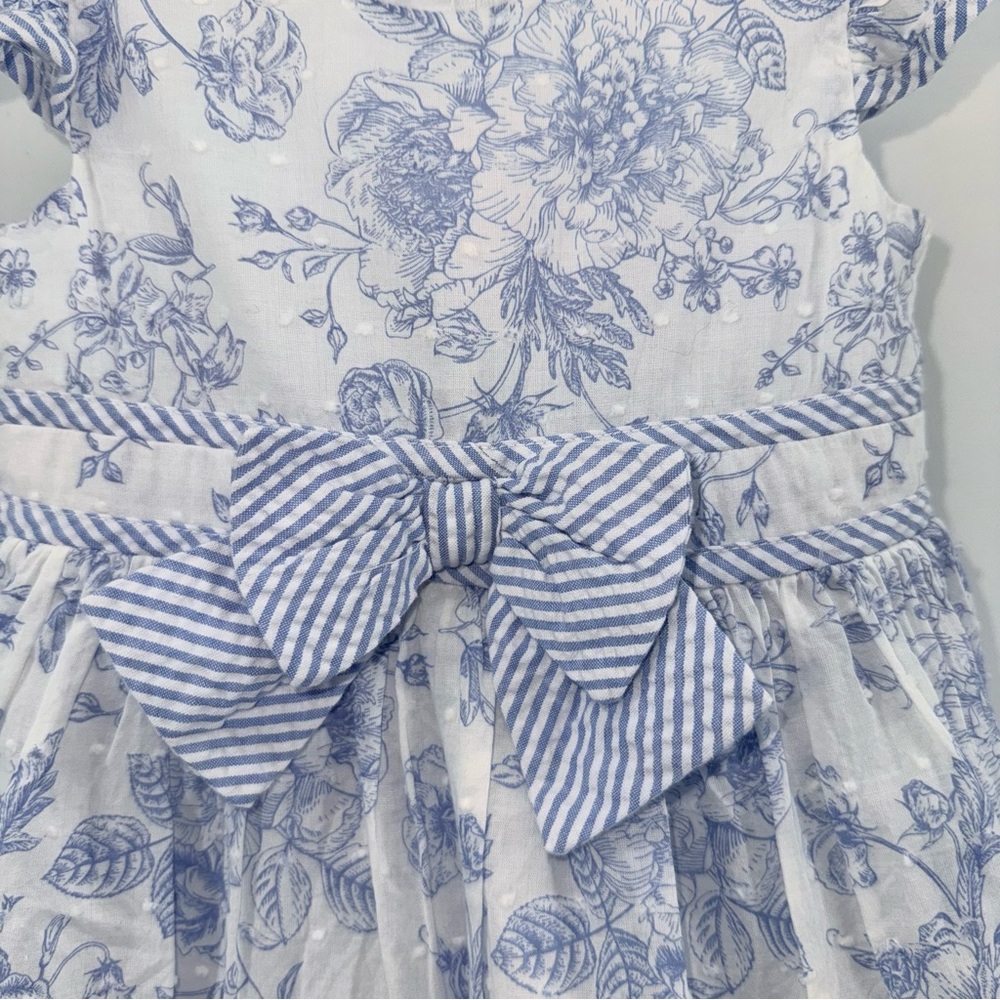 Bonnie Baby Dotted Swiss Seersucker Blue Toile Floral Print Dress with Bloomers - Picture 3 of 5